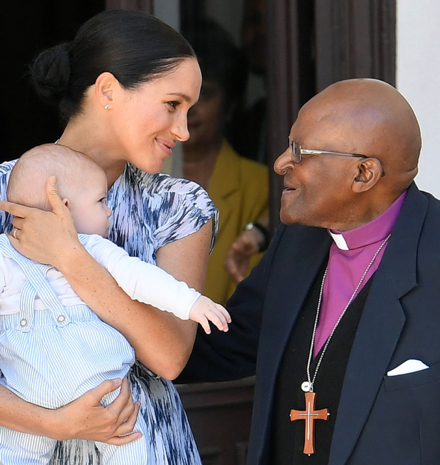 The Duchess of Sussex holds her four month old son Archie as they meet Desmond Tutu on the couple's Royal Tour to Southern Africa September 2019. This heartwarming moment was a highlight of the tour as 